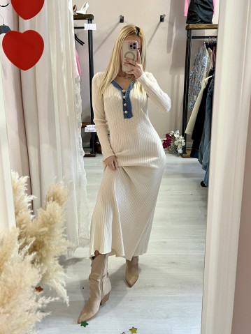 Vestito MARZIA beige V finiture jeans 2