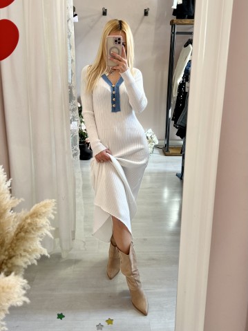 Vestito MARZIA bianco V finiture jeans 2