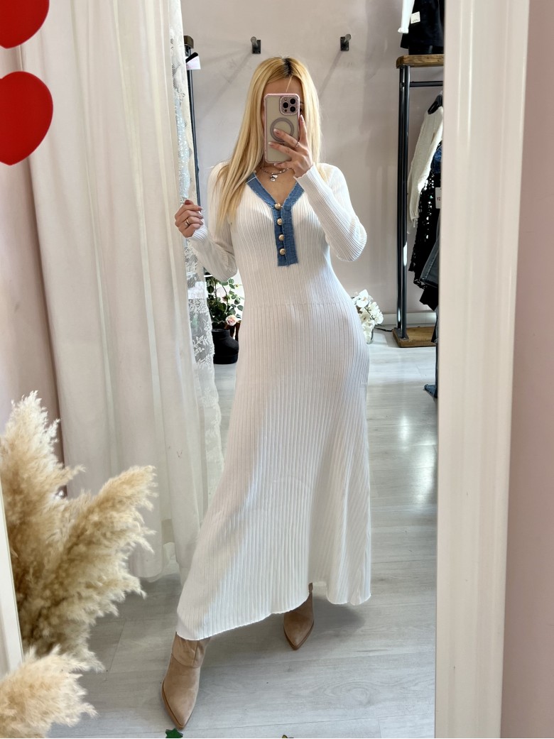 Vestito MARZIA bianco V finiture jeans