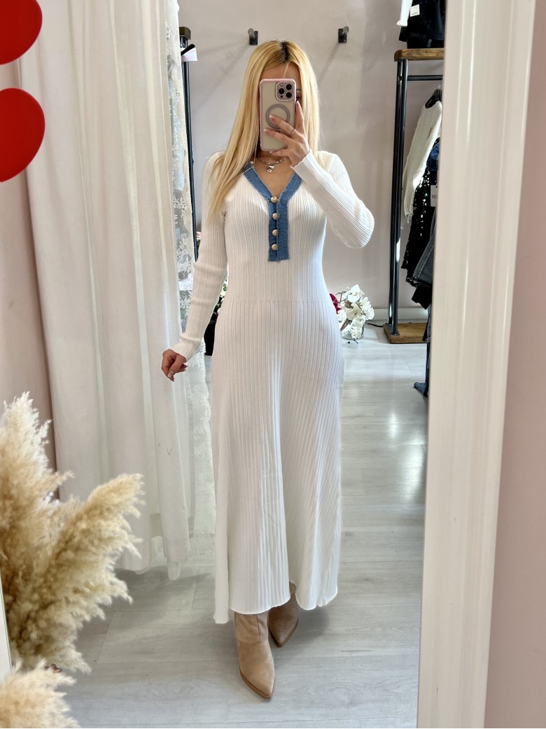 Vestito MARZIA bianco V finiture jeans