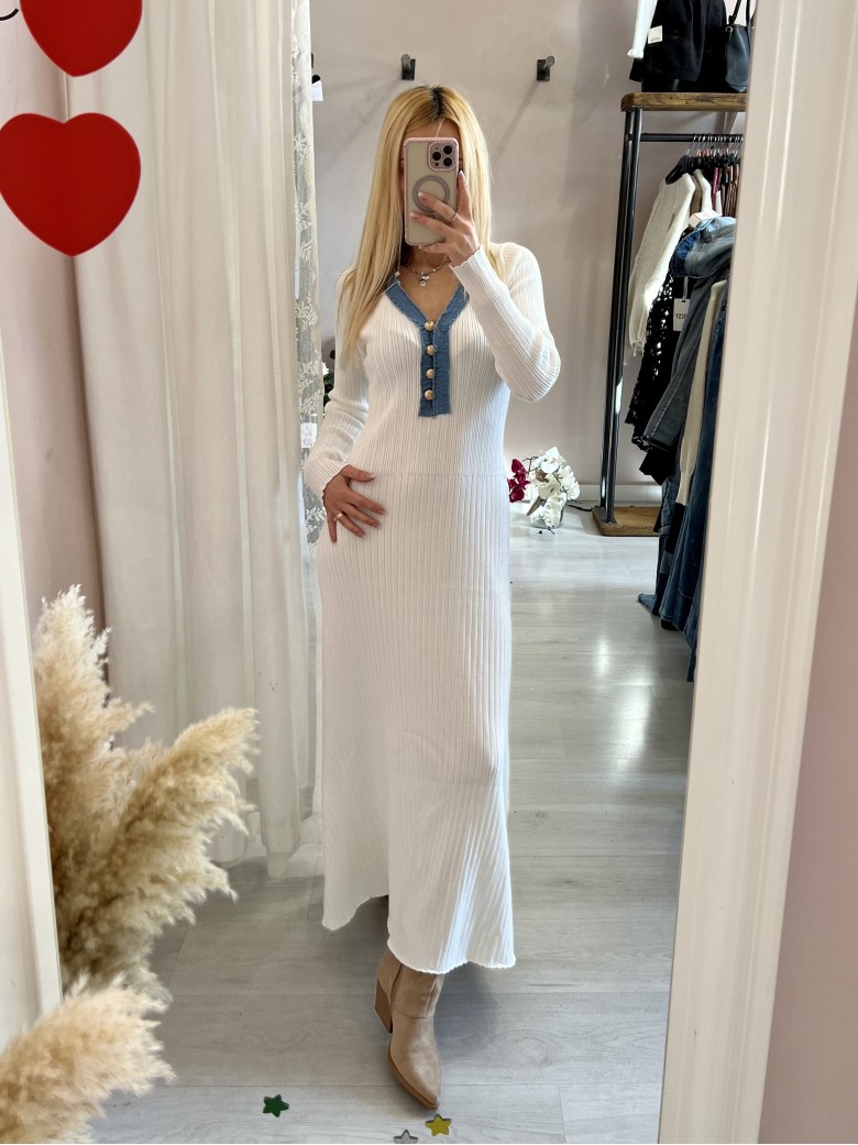 Vestito MARZIA bianco V finiture jeans
