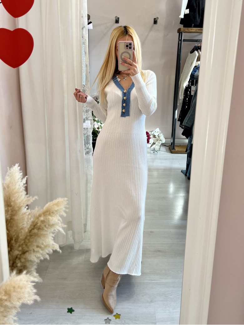 Vestito MARZIA bianco V finiture jeans