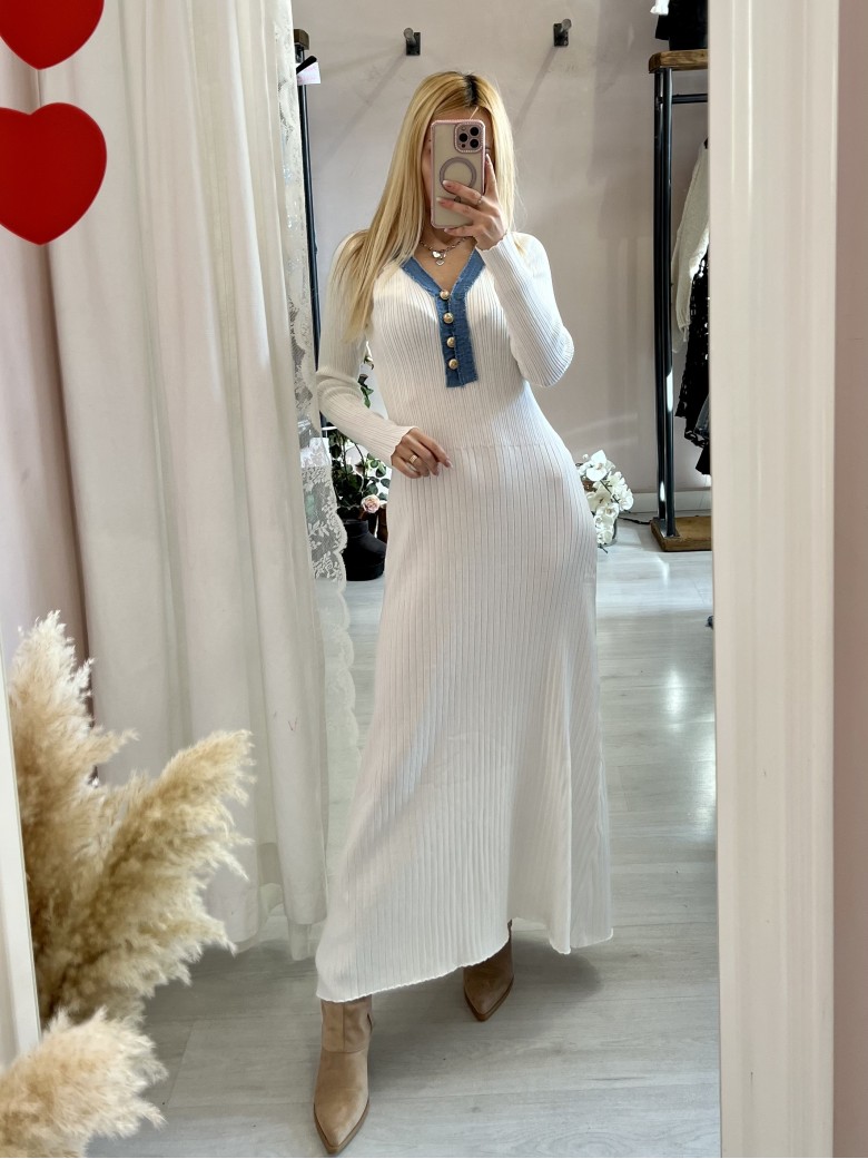 Vestito MARZIA bianco V finiture jeans