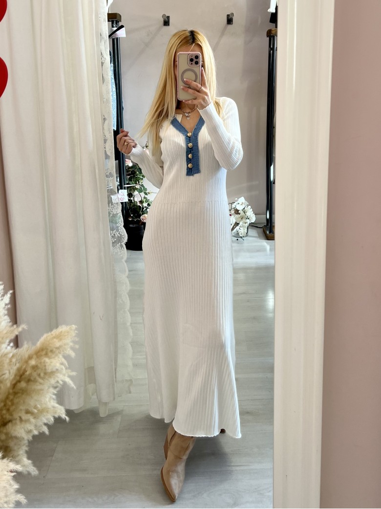 Vestito MARZIA bianco V finiture jeans