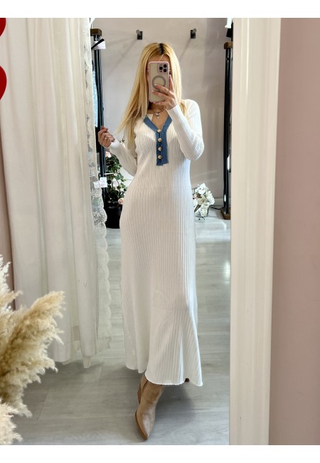 Vestito MARZIA bianco V finiture jeans