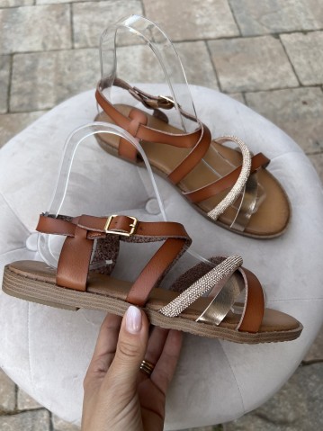 Sandali fasce intrecciate brillantini camel 2