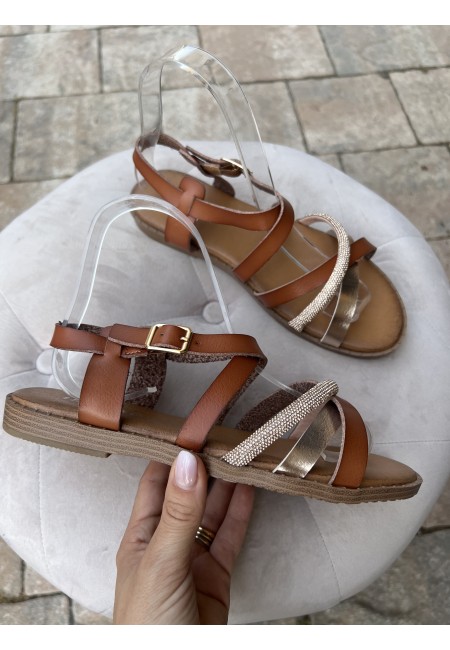 Sandali fasce intrecciate brillantini camel