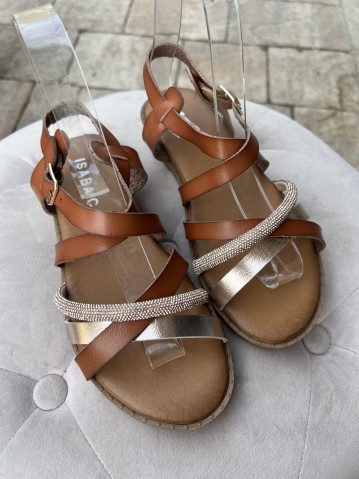 Sandali fasce intrecciate brillantini camel