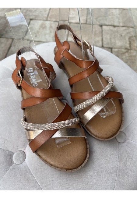 Sandali fasce intrecciate brillantini camel