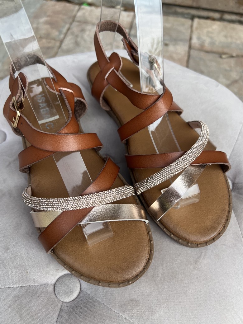 Sandali fasce intrecciate brillantini camel