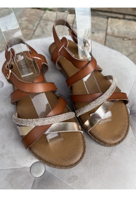 Sandali fasce intrecciate brillantini camel