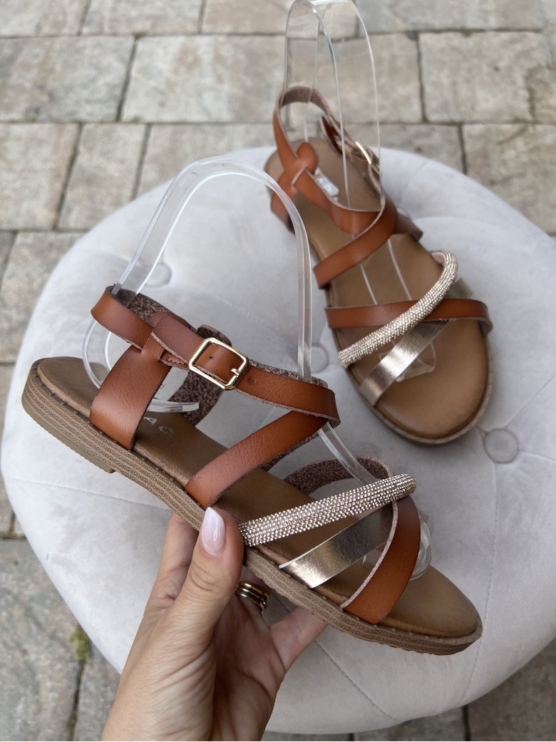 Sandali fasce intrecciate brillantini camel