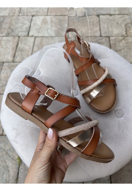 Sandali fasce intrecciate brillantini camel