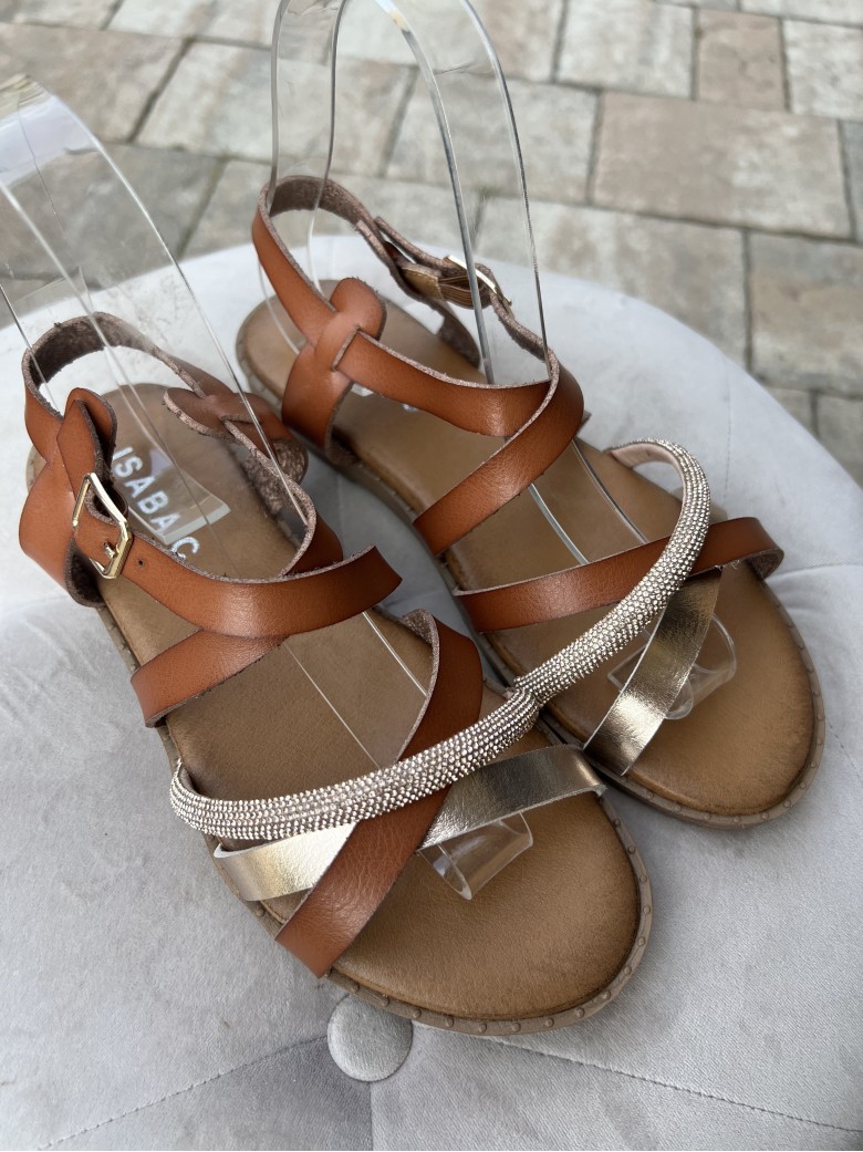 Sandali fasce intrecciate brillantini camel