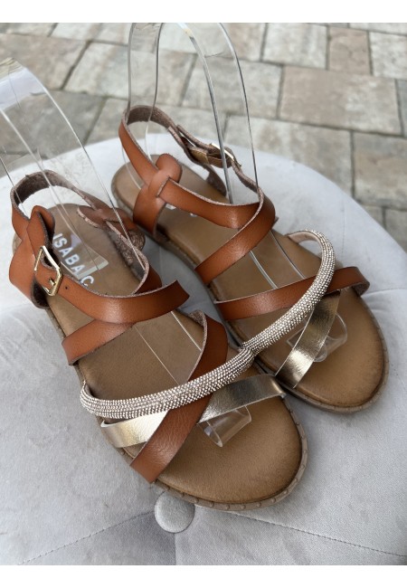 Sandali fasce intrecciate brillantini camel
