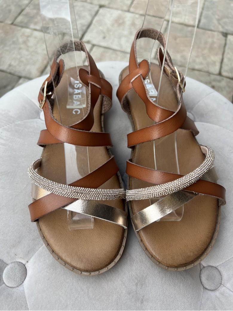 Sandali fasce intrecciate brillantini camel