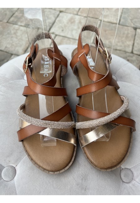 Sandali fasce intrecciate brillantini camel