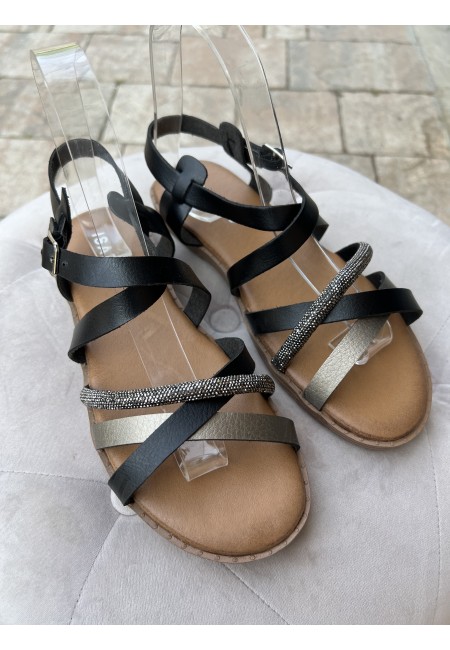Sandali fasce intrecciate brillantini neri