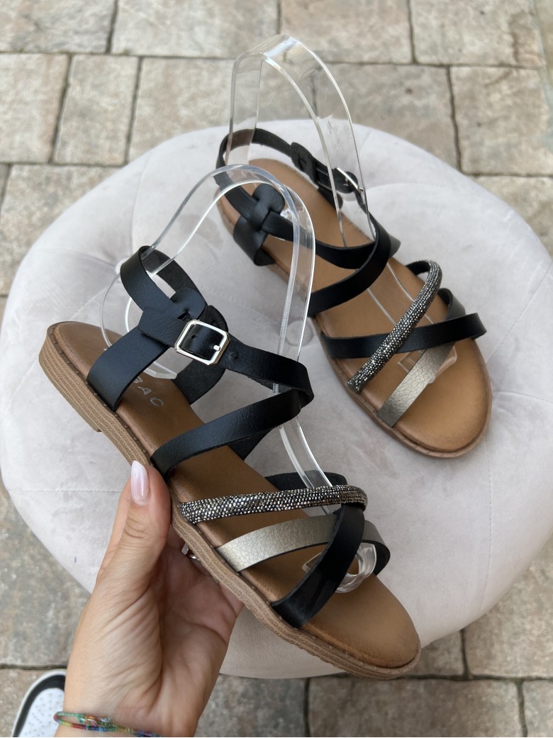 Sandali fasce intrecciate brillantini neri