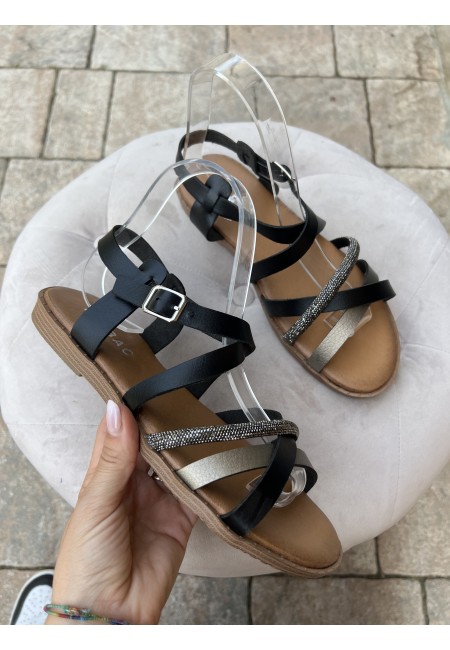 Sandali fasce intrecciate brillantini neri