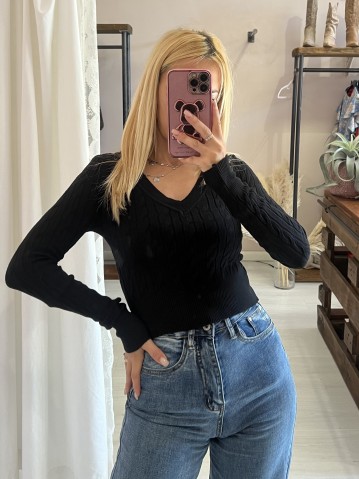 Maglioncino trecce scollo a V nero