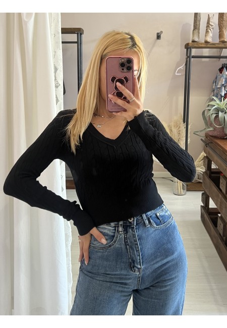 Maglioncino trecce scollo a V nero