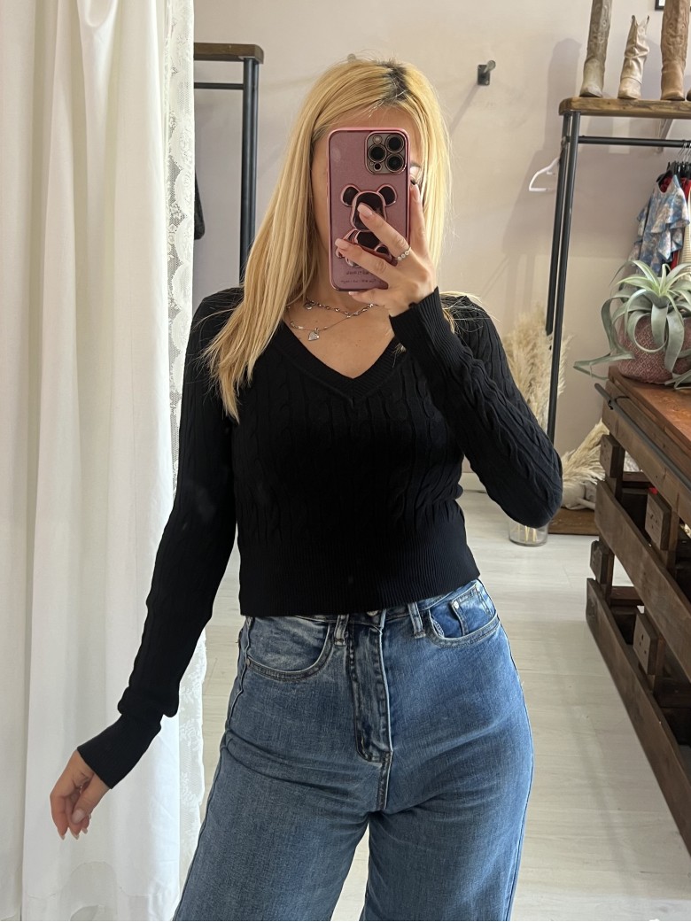 Maglioncino trecce scollo a V nero