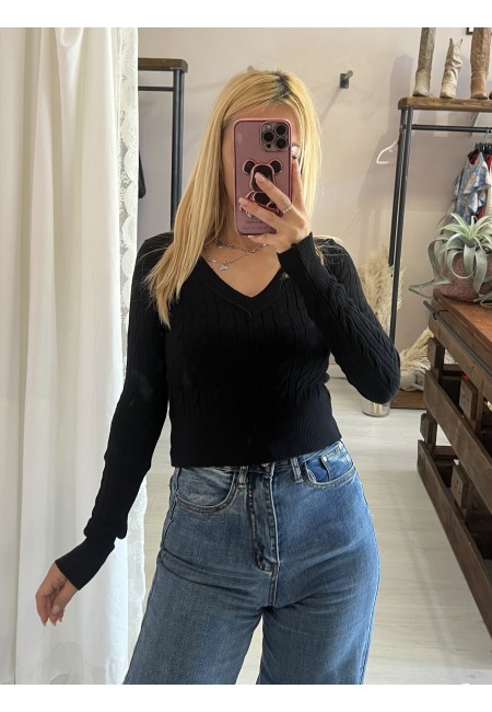 Maglioncino trecce scollo a V nero