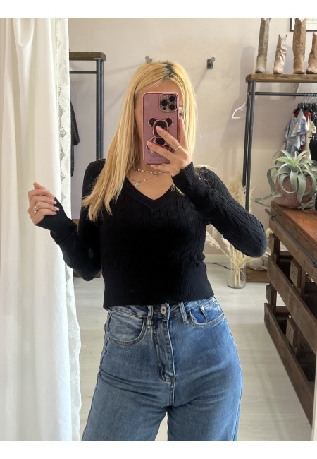 Maglioncino trecce scollo a V nero