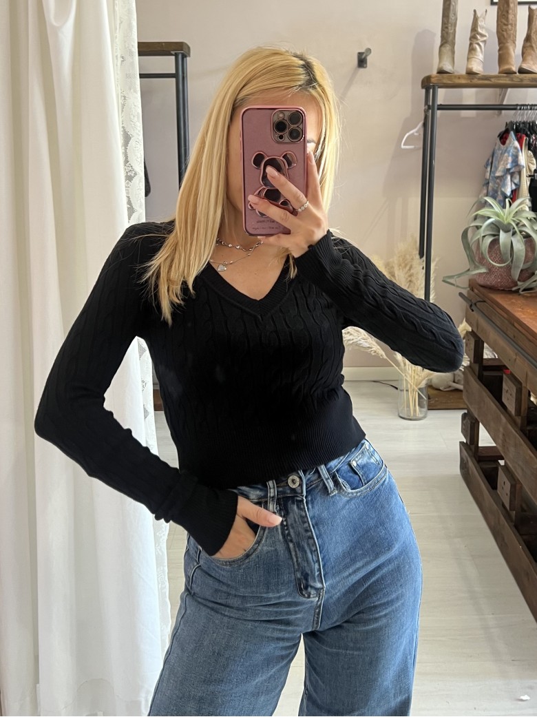 Maglioncino trecce scollo a V nero