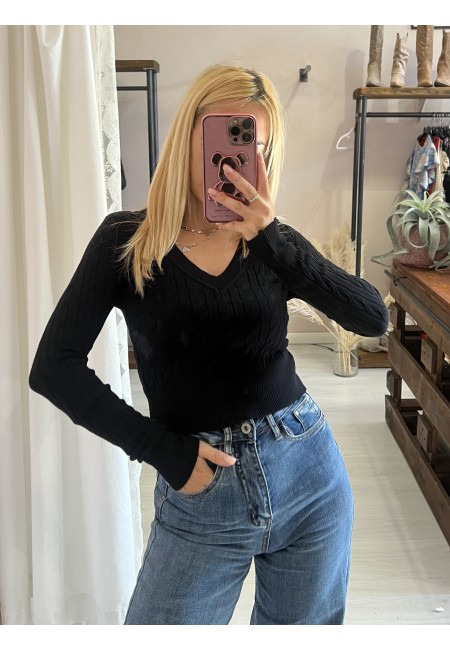 Maglioncino trecce scollo a V nero