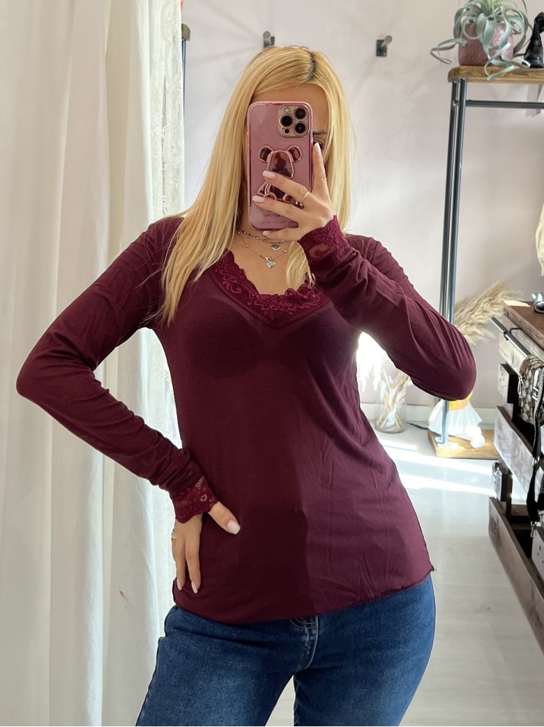 Maglia misto cashmere SCOLLO A V con pizzo...