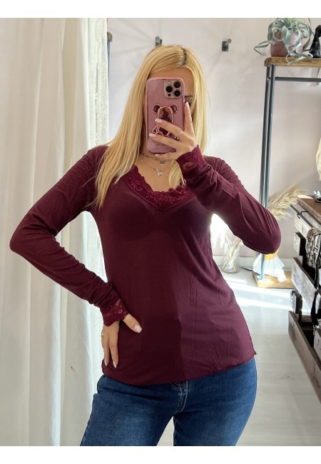 Maglia misto cashmere SCOLLO A V con pizzo bordeaux
