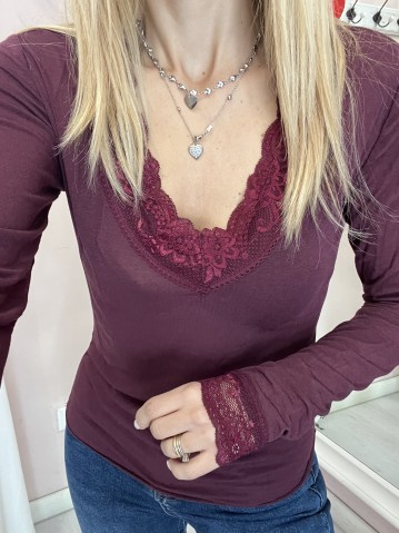 Maglia misto cashmere SCOLLO A V con pizzo bordeaux 2