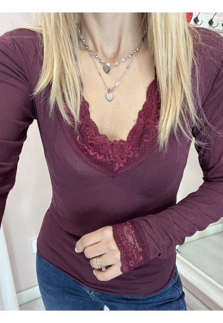 Maglia misto cashmere SCOLLO A V con pizzo bordeaux