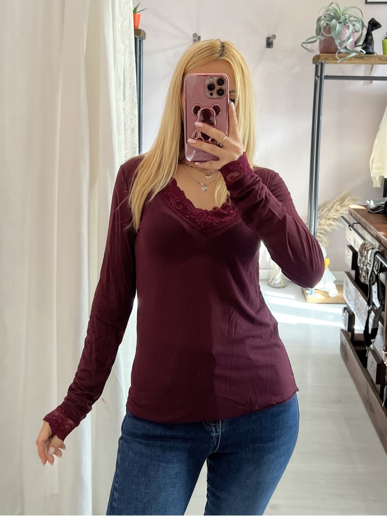 Maglia misto cashmere SCOLLO A V con pizzo...