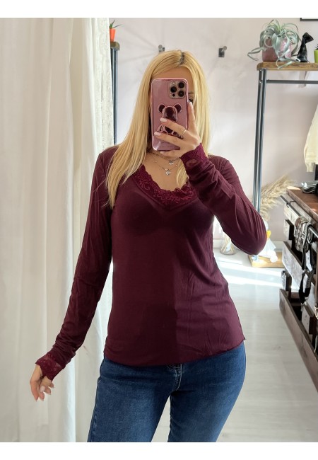 Maglia misto cashmere SCOLLO A V con pizzo bordeaux
