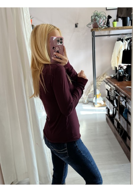 Maglia misto cashmere SCOLLO A V con pizzo bordeaux