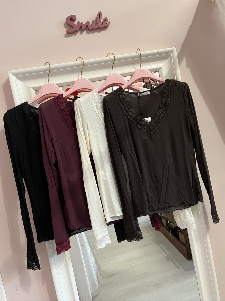 Maglia misto cashmere SCOLLO A V con pizzo...