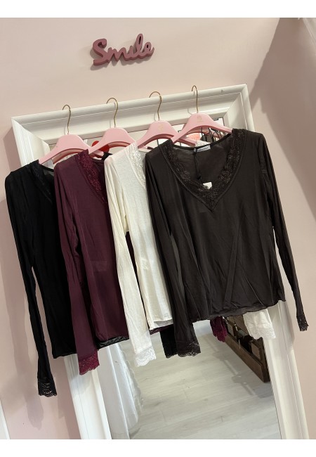 Maglia misto cashmere SCOLLO A V con pizzo bordeaux