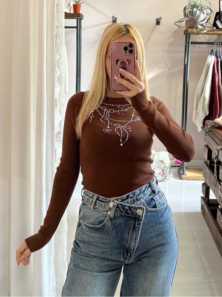 Maglioncino corto FIOCCHINI e STELLINE marrone