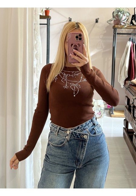 Maglioncino corto FIOCCHINI e STELLINE marrone