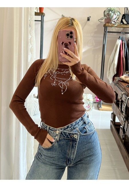 Maglioncino corto FIOCCHINI e STELLINE marrone