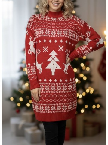 Vestito maxi pull renne e albero di natale rosso