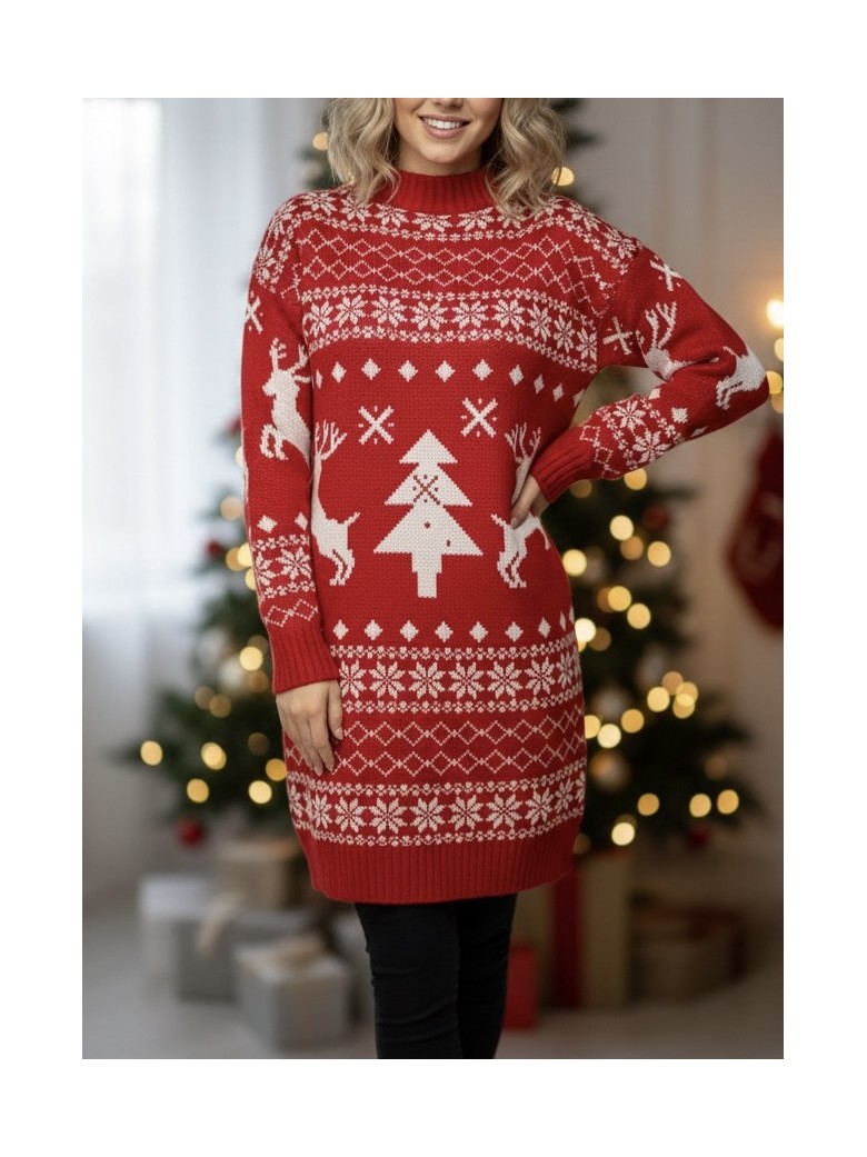 Vestito maxi pull renne e albero di natale rosso