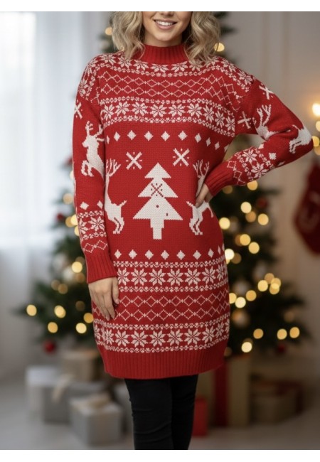Vestito maxi pull renne e albero di natale rosso