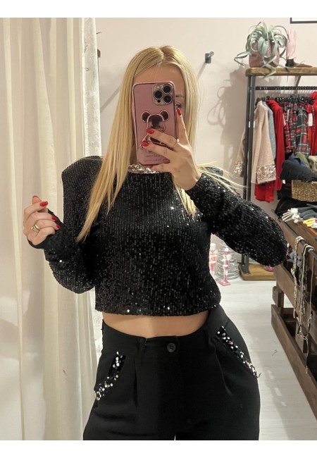 Maglia corta con paillettes NERA