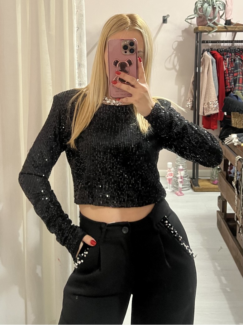 Maglia corta con paillettes NERA