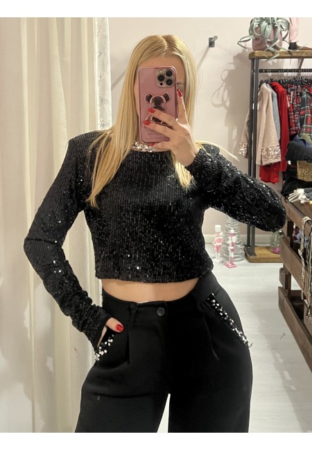 Maglia corta con paillettes NERA