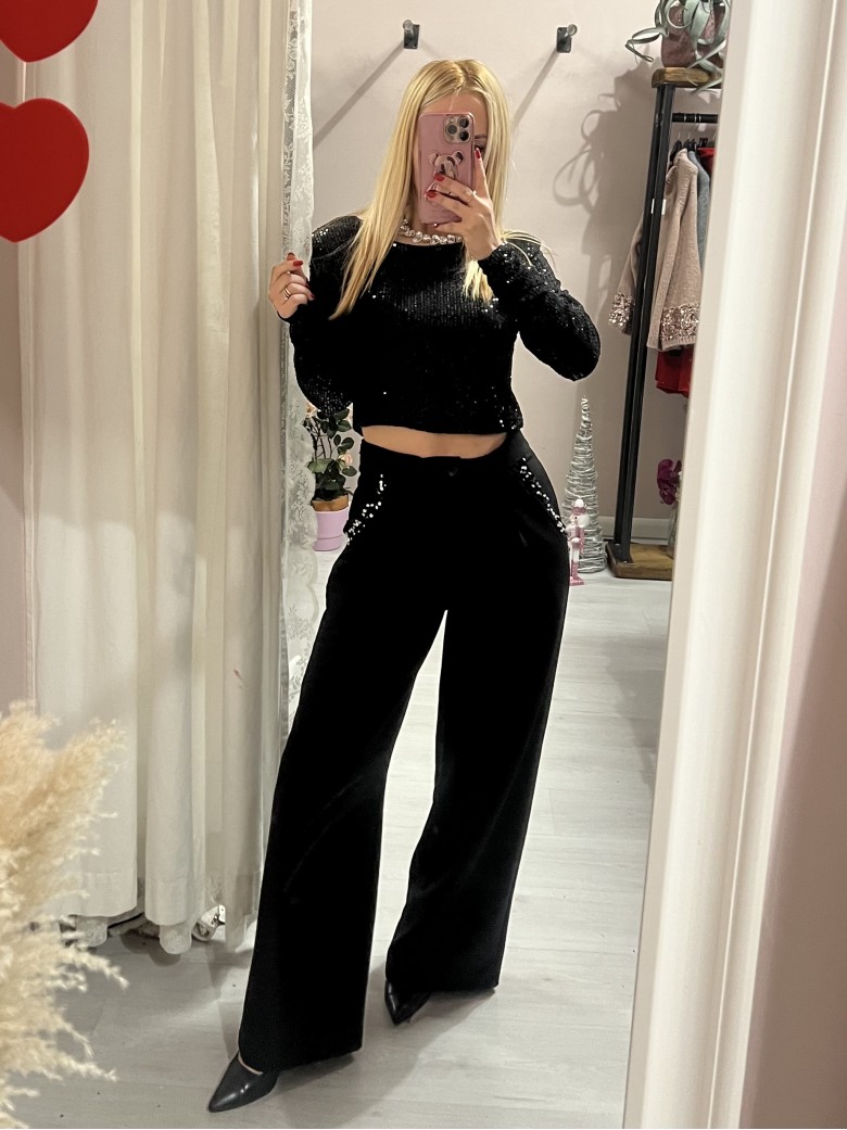 Maglia corta con paillettes NERA